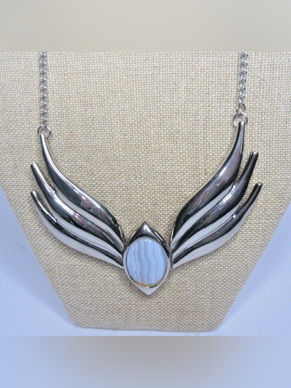 Double Wing Silver Tone Necklace with Agate Stone